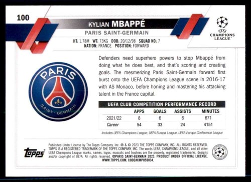 2022-23 Topps UEFA Club Competitions #100 Kylian Mbappe Paris Saint-Germain Card - Picture 2 of 2