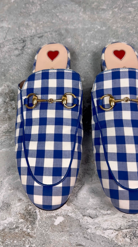 Gucci Princetown Horsebit Mules White Blue Plaid Gingham 7.5 US or 37.5 EUR - Video 1 of 1