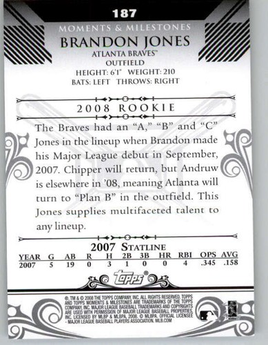 2008 Topps Moments and Milestones #187 Brandon Jones RC \150 (ref 156384) - Picture 2 of 2