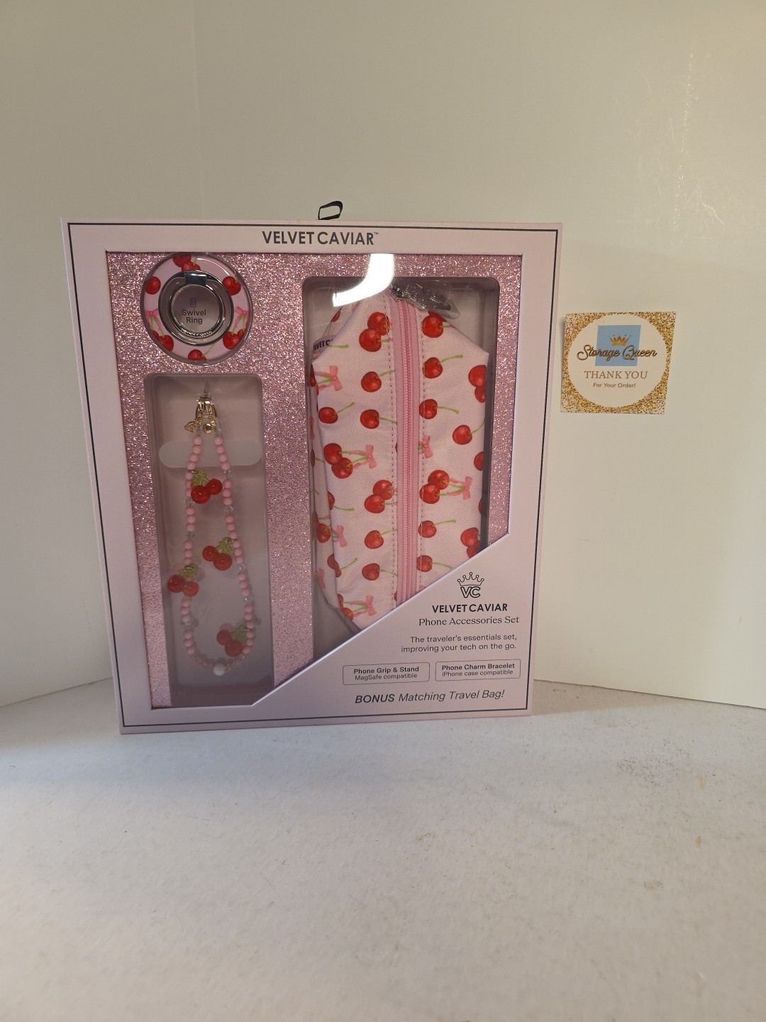 Pink Cherry Matching Cell Phone Accessories Set Travel Bag Grip & Bracelet