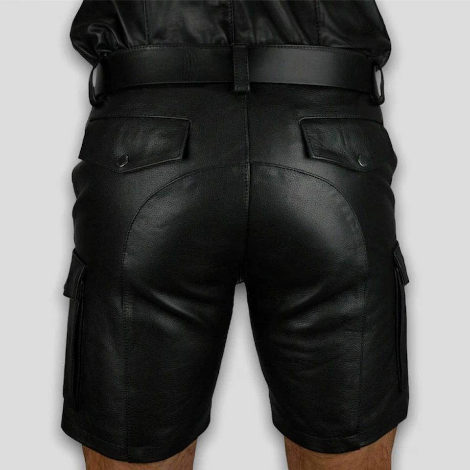 Short en cuir noir cargo pour homme neuf. Short de motard en cuir véritable... - Photo 3/4