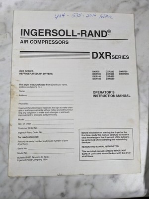 INGERSOLL RAND DXR 75-1000 AIR COMPRESSOR INSTRUCTION OPERATOR MANUAL 1994