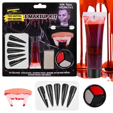 Halloween Face Painting Makeup Kit - Black Gray Red Paint, Vampire Fangs, Fake B