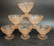 Six Vintage Jeannette Holiday Buttons & Bows Pink Depression Glass Sherbert Rays