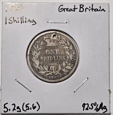 1860 Great Britain .925 Silver 1 One Shilling Coin Album Filler Low Mintage