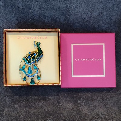 Blue & Green Rhinestone Peacock Bird Brooch Pin By Charter Club NIOB Macy's 