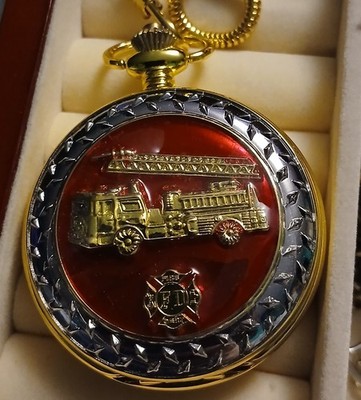 Hanslin Brass Gold And Red Tone Fire Engine Pocket Watch