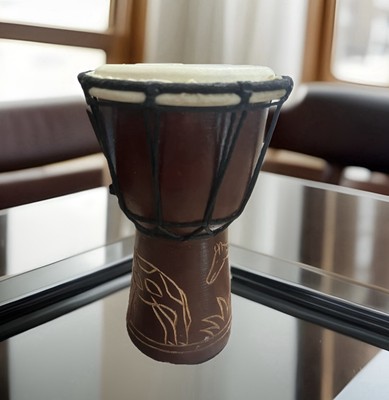 Indonesian Djembe Drum Hand Decorated-8  Tall & 5 -Wide Wood Carved w/Giraffe 
