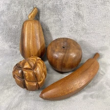 Vintage MCM 4 Piece Wood Hand Carved Fruit And Vegetable Set Mid Century Modern
