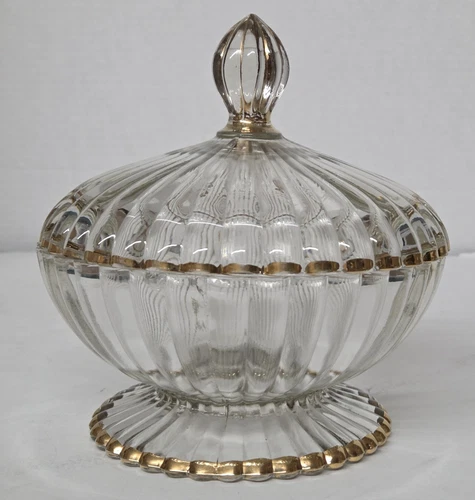 Vintage Jeanette Glass Gold Trimmed Candy Dish & Lid Footed National Pattern A+