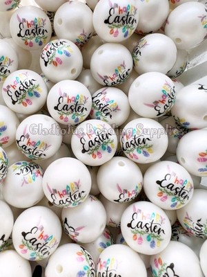 10 Qty 20mm Happy Easter Print Acrylic Beads, Bubblegum Beads, Chunky Bead