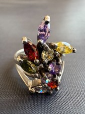 Vintage 925 Sterling Silver Ring Multi Gemstone Floral Cluster Ring Size 8.75 US