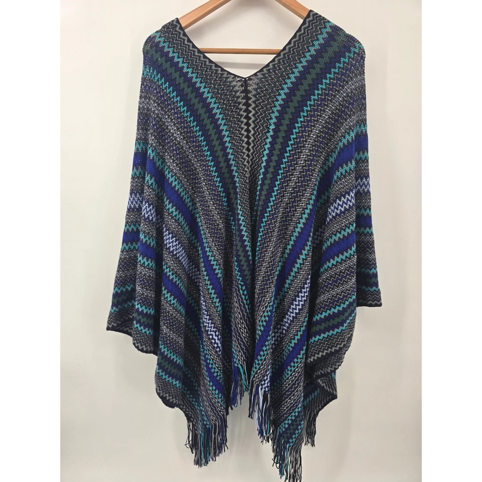 Poncho Missoni Zigzag Mezcla Lana Capa Azul Verde Gris Flecos Italia Mujer OS Foto 3 de 4