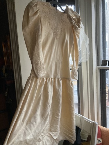 Vintage Ivory Raw Silk Drop Waist Handmade Wedding Dress W Veil Vtg Boho 60s 70s