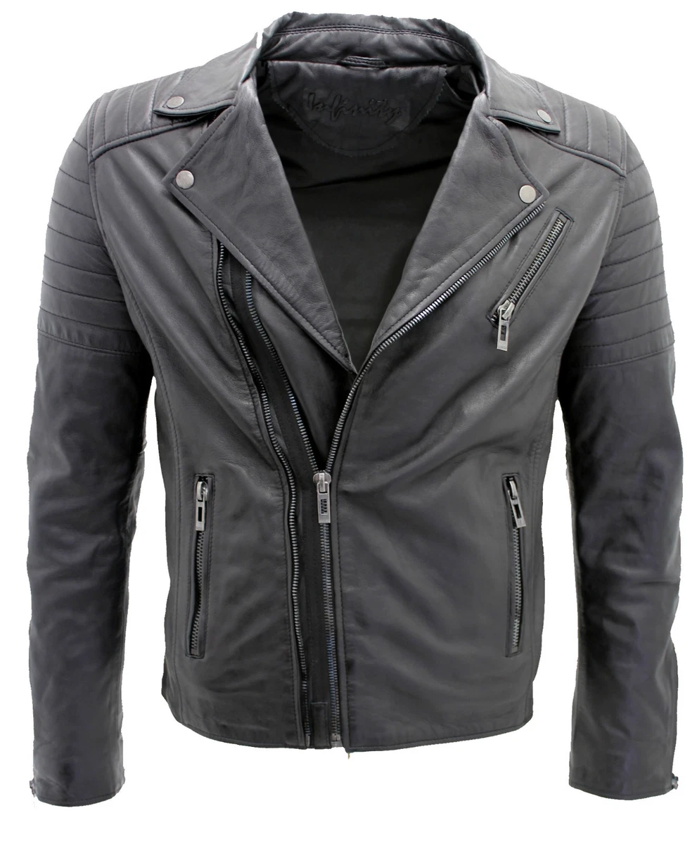 Giacca Da Uomo In Vera Pelle Con Cerniera Incrociata Stile Biker Brando, Nero , S