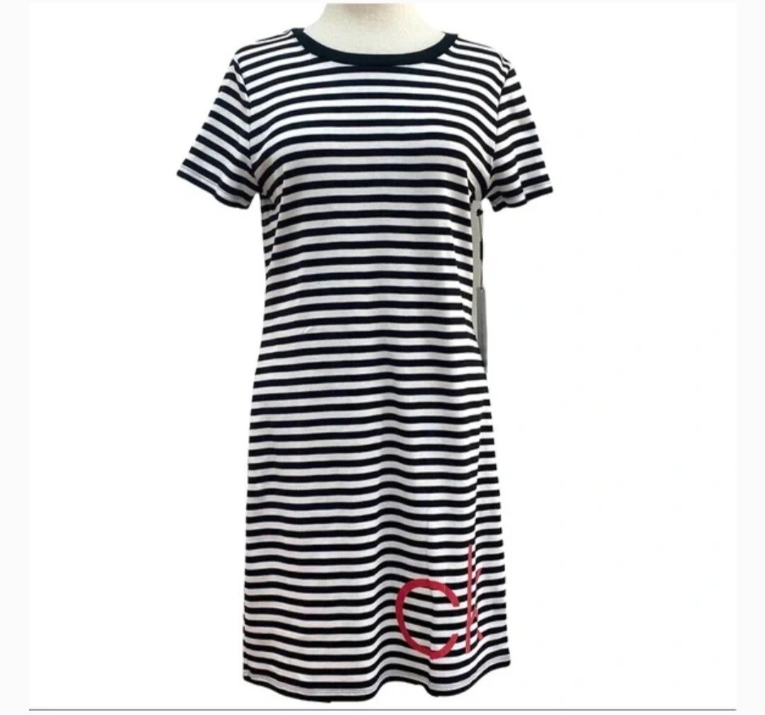 CALVIN KLEIN Black White Striped “CK” Logo T-Shirt Dress Size L