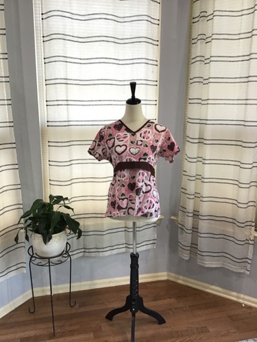 Comfy Cotton Women Size Small Pink Love Heart Tie Waist Scrubs Medical Office