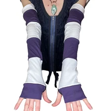 Long Striped Gloves Purple Hand Warmers White Armwarmers Patchwork Sleeve Covers