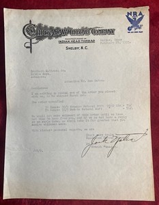 Vintage 1935 Chickasaw Thread Co Shelby North Carolina NC NRA Member Letterhead