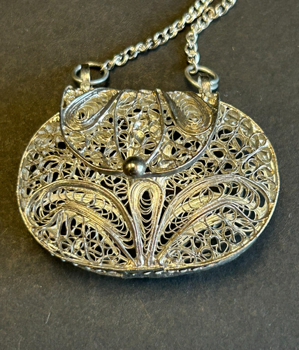 Vintage Silver Metal Filigree Purse Pendant with Chain