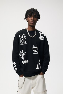 Zara Man Sz Medium Black White Combination Print Sweatshirt Top