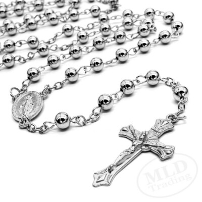 Silver Tone Catholic Rosary Necklace   28''   6mm Steel Beads & Virgin Mary Medal