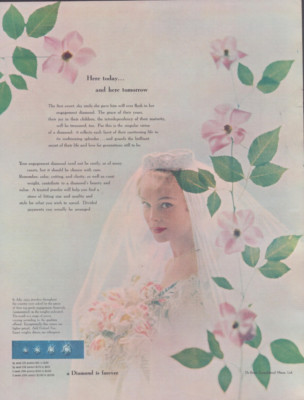 1953 Print Ad De Beers Consolidated A diamond is forever Here today Bride