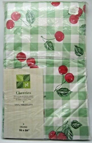 NEW Vinyl Cherries Green Gingham Oblong 60 x 84 Picnic Tablecloth Retro LNT