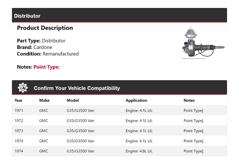 Para GMC G35/G3500 1971-1974 Van Distribuidor Cardone 1972 1973 Foto 2 de 4