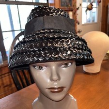 Vintage Black Straw Bucket Hat Union Made In USA W/Wide Grosgrain Ribbon