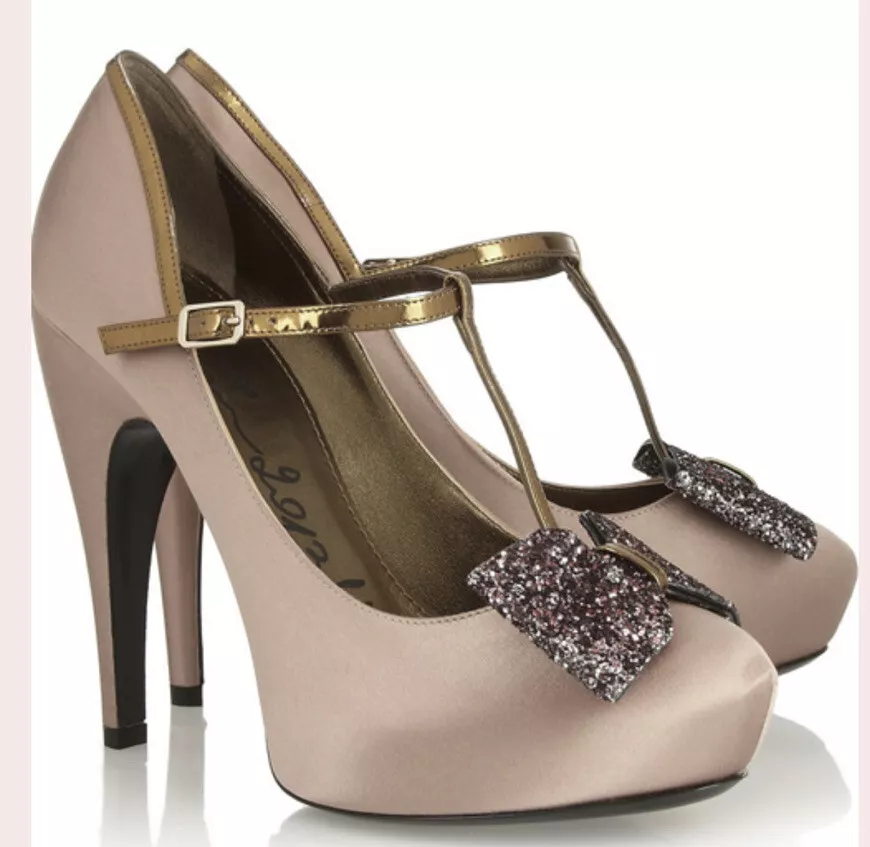 New Lanvin glitter bow satin t bar pumps size 38