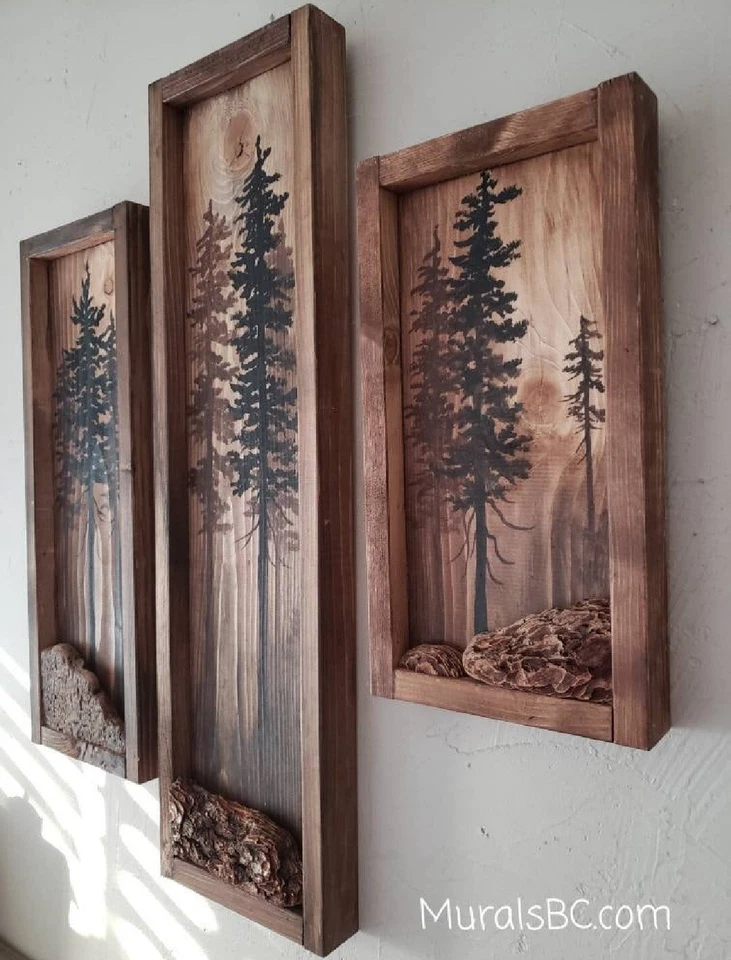 Árboles pintados a mano enmarcados en 3D sobre madera para colgar arte de pared decoración - Juego de tres - Foto 3 de 4