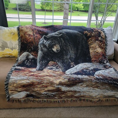 Rustic Cozy Cabin Shabby Chic Tapestry Throw Black Bear Forest