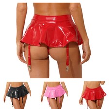 Women's Patent Leather Ruffled Short Mini Skirts with Metal Clips Garter Belt