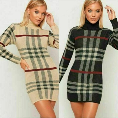 Womens Polo Neck Tartan Jumper Long 