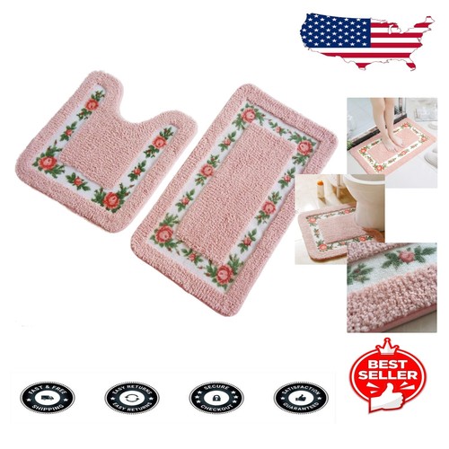 Set of 2 Pink Shaggy Bath and Contour Rugs - Non-Slip Design for Safety ...