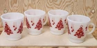Vintage Hazel Atlas Milk Glass Mug Cup Red Christmas Tree Egg Nog Set Of 4