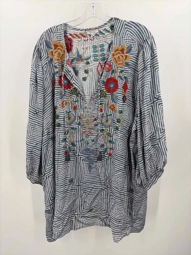 Pre-Owned Johnny Was Blue Size 3XL Floral Long Sleeve Blouse