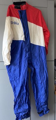 Vintage Belstaff Dri-Bika Einteiler Motorrad Regenanzug blau weiß rot Größe XL 