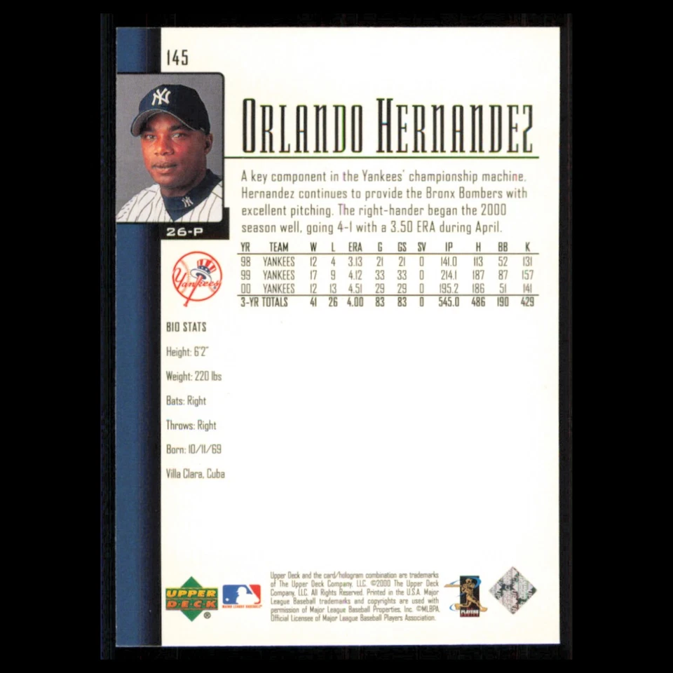 Orlando Hernandez #145 2001 Upper Deck New York Yankees Baseball Card MLB NM - Image 2 of 3