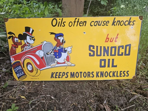 Vintage Sunoco Motor Oils Sign - Disney Dealership Gas Pump Porcelain Sign 24"