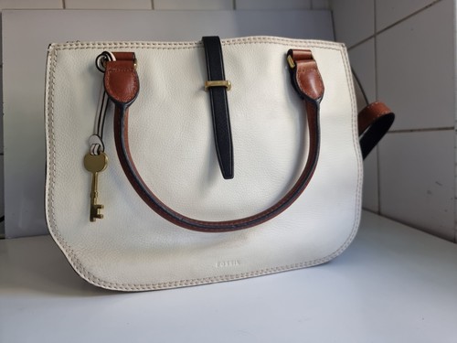 FOSSIL DESIGNER WOMENS WHITE BROWN LEATHER SHOULDER CROSSBODY SATCHEL HANDBAG - Picture 9 of 20