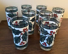 VINTAGE West Virginia Glass Glazed Holly Hi Ball Tumblers 12 oz  Set of 8   EUC