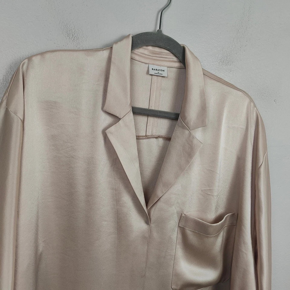 Aritzia Babaton Hasek Top Women Medium Champagne Pink Satin Collared Boxy Preppy - Image 3 of 4