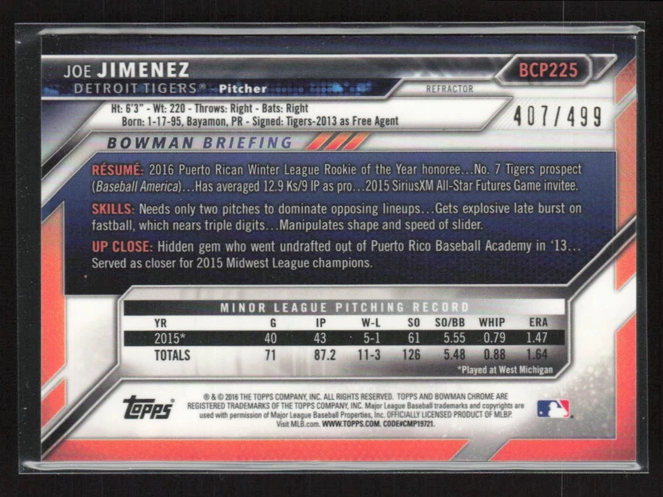 2016 Bowman Chrome #BCP225 Joe Jimenez Prospects Refractor #/499 Tigers (Y) - Image 2 of 2