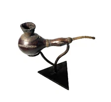 Vintage African Luba Tribal Gourd Smoking Pipe Copper/wood Accents Handmade DRC