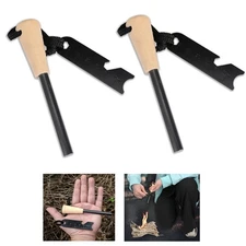 2x Ferrocerium Rod Fire Starter w/ Wooden Handle and Steel Scraper Flint Striker