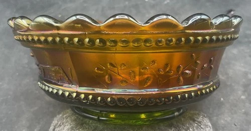 VINTAGE CARNIVAL  NORTHWOOD GREEN PEACOCK AT THE FOUNTAI BOWL “SUPER IRIDESCENCE