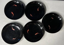 5 Vintage MCM Black Lacquer 5 3/8” Dessert/appetizer Plates Japan Shrimp Design.