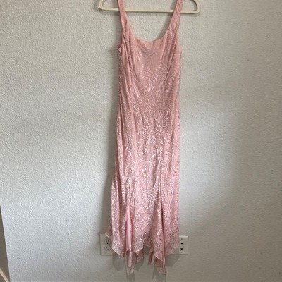 Y2K Alex Evenings Pink Silk Floral Rose Burnout Beaded Handkerchief Fairy Dress